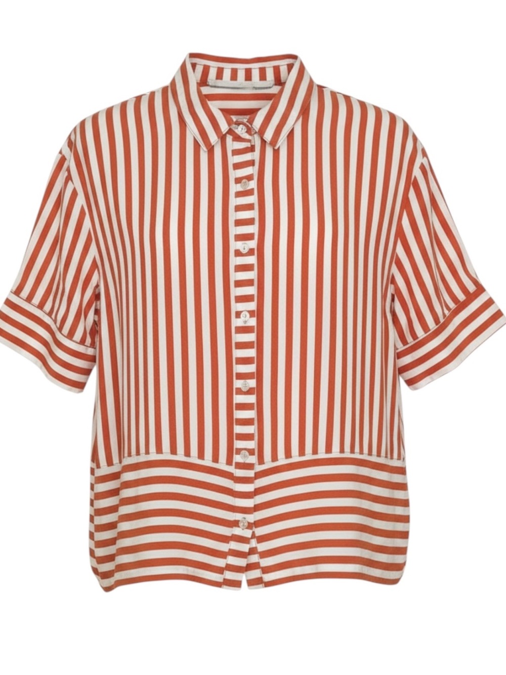 Jane + Delancey Striped Light Red White Boxy Button Down Short Sleeve Top Large
